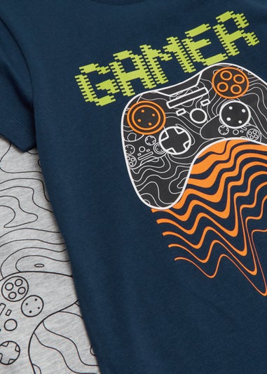Boys 2 Pack Teal Gamer Print T-Shirts (4-13yrs)