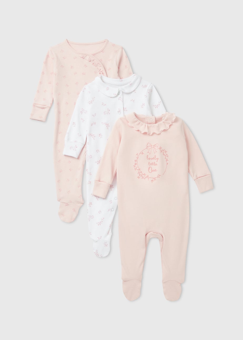 Baby 3 Pack Pink Sleepsuits (Tiny Baby-18mths)