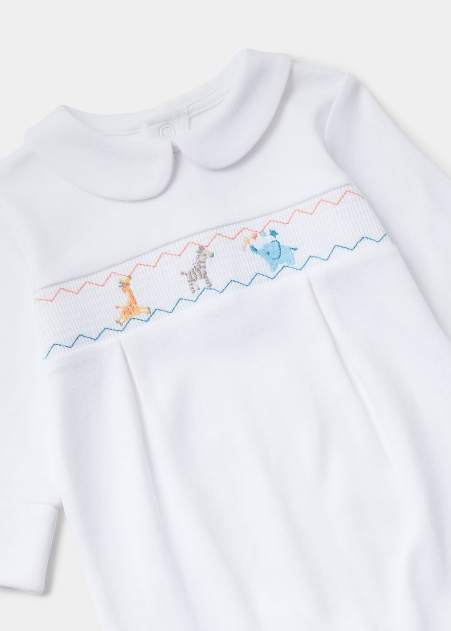 Baby White Smocked Rainbow Print Sleepsuit (Tiny Baby-12mths)