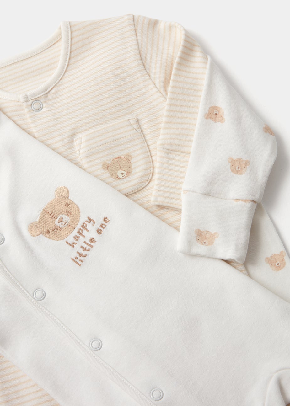 Baby 3 Pack Cream Bear Sleepsuits (Tiny Baby-18mths)