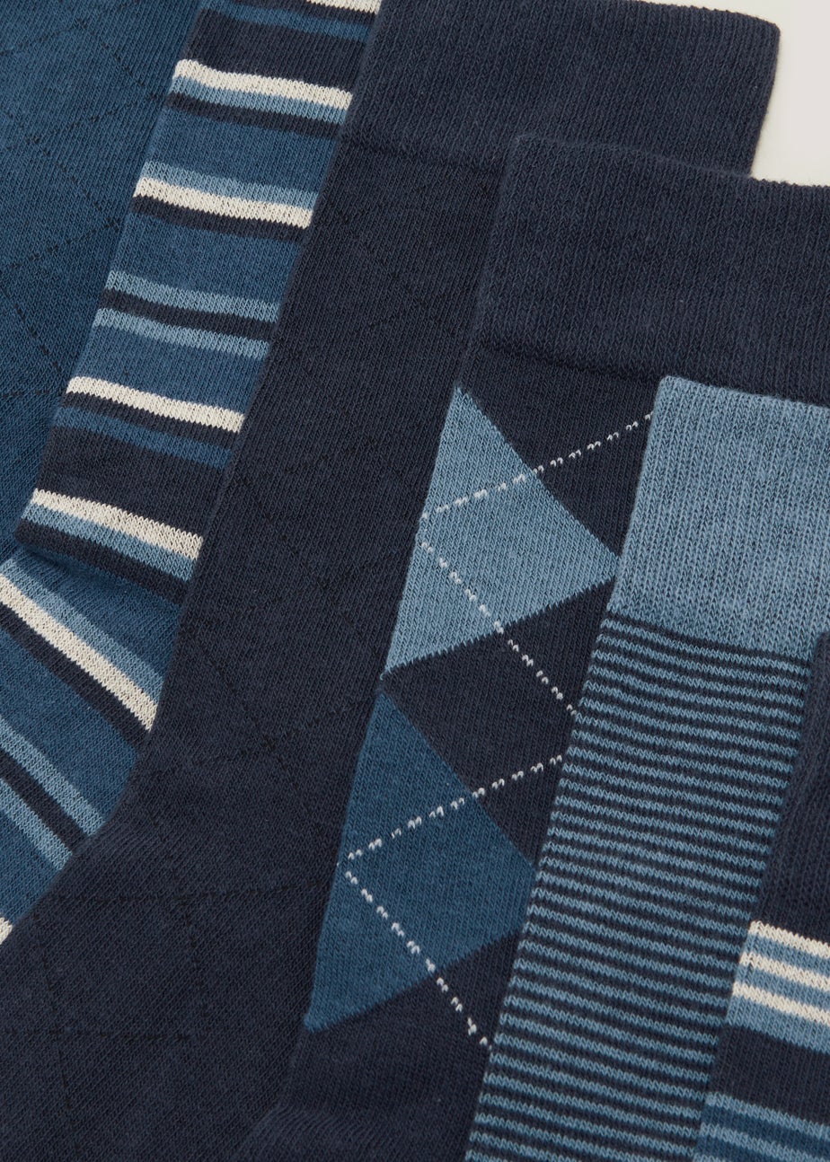 7 Pack Blue Plain & Print Ankle Socks