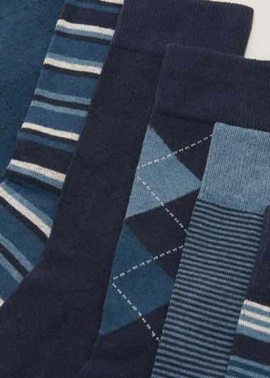 7 Pack Blue Plain & Print Ankle Socks