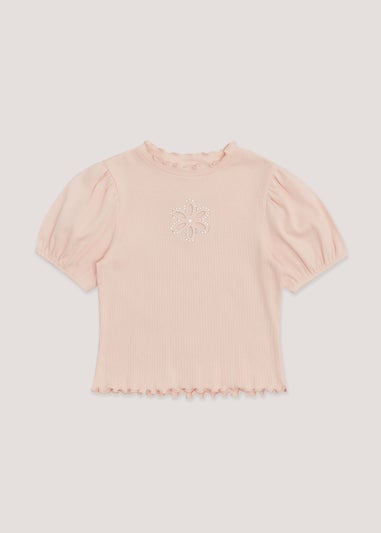 Girls Pink Puff Sleeve Diamante Top (4-13yrs)