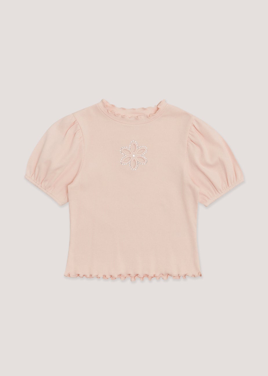 Girls Pink Puff Sleeve Diamante Top (4-13yrs)