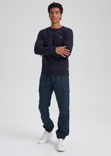 Navy Peached Slim Fit Cargo Trousers