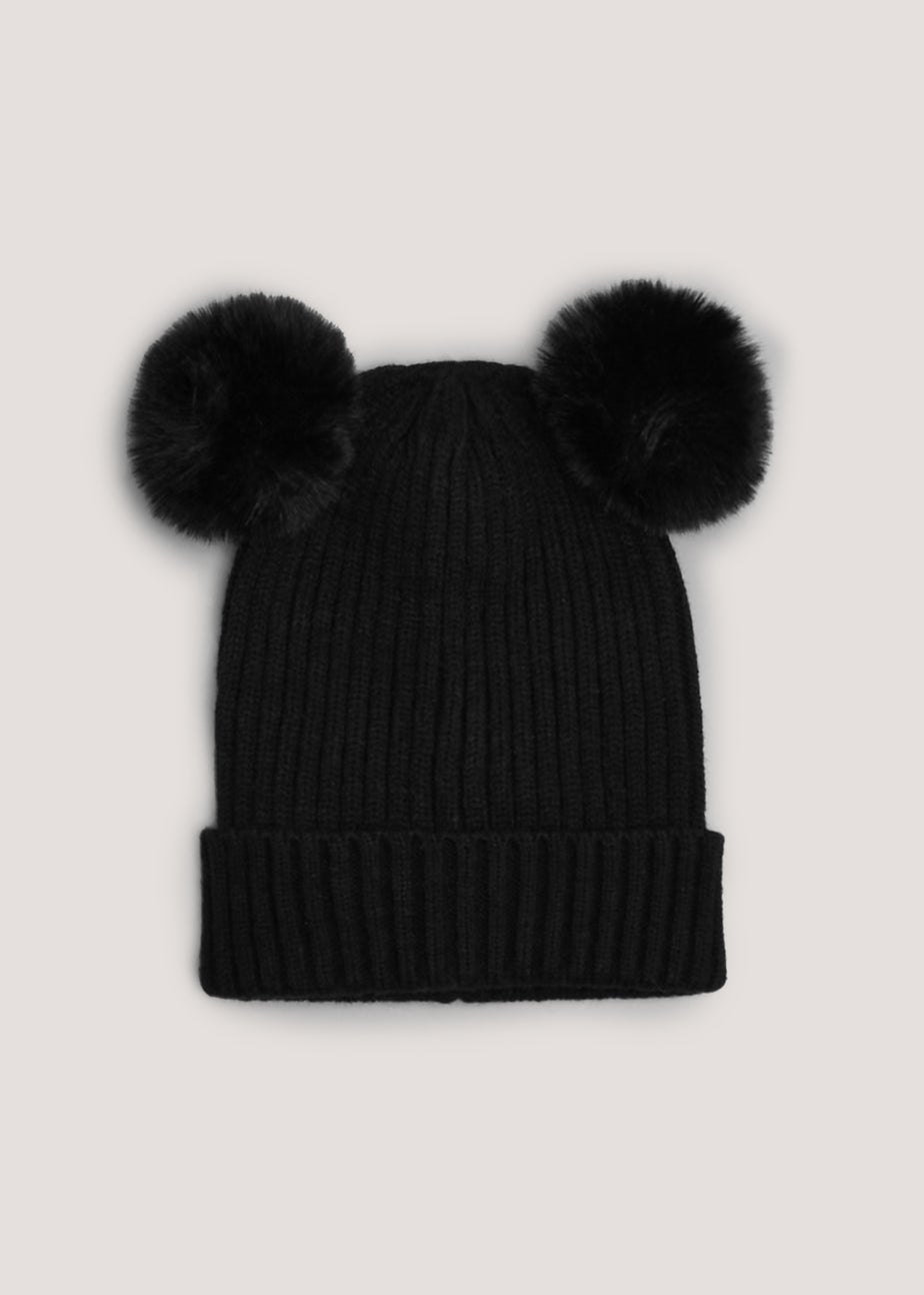 Kids Black Double Pom Pom Beanie Hat (3-13yrs)