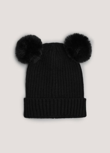 Kids Black Double Pom Pom Beanie Hat (3-13yrs)