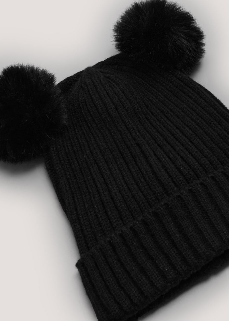 Kids Black Double Pom Pom Beanie Hat (3-13yrs)