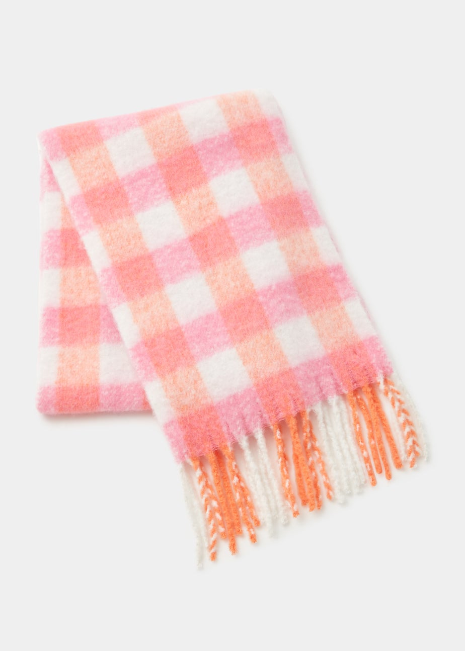 Girls Pink Check Brushed Scarf
