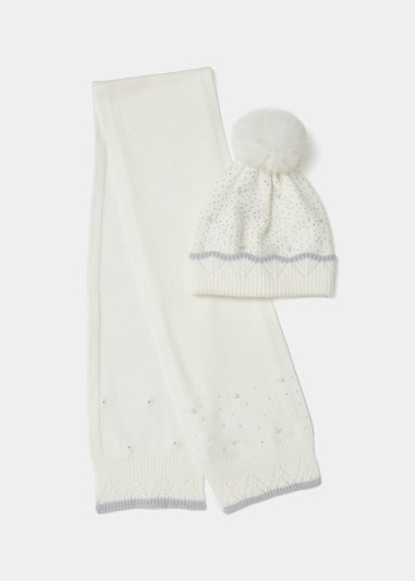Girls 2 Piece White Pearl Heat Seal Hat & Scarf Set (7-10yrs)