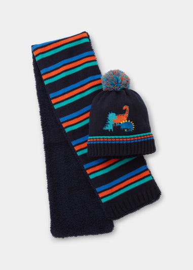 Kids 2 Piece Navy Dinosaur Knitted Bobble Hat & Scarf Set (3-6yrs)