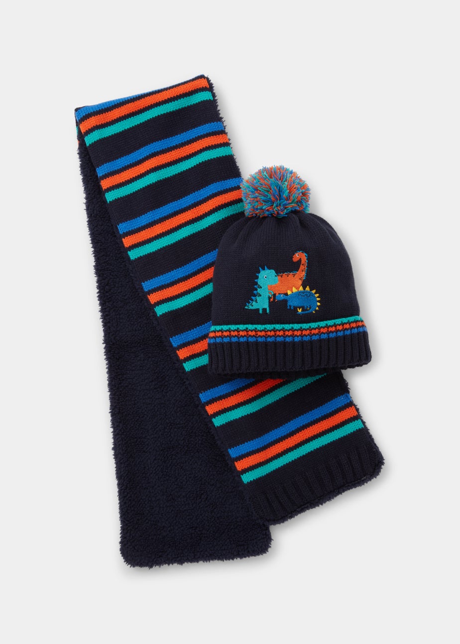 Kids 2 Piece Navy Dinosaur Knitted Bobble Hat & Scarf Set (3-6yrs)