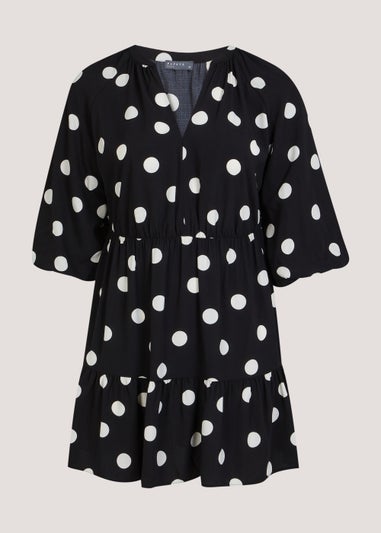 Papaya Curve Black & White Spot Puff Sleeve Mini Dress