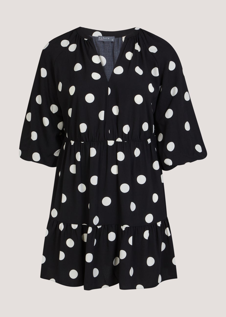 Papaya Curve Black & White Spot Puff Sleeve Mini Dress