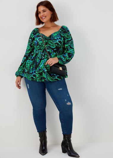 Papaya Curve Multicoloured Print Sweetheart Long Sleeve Top