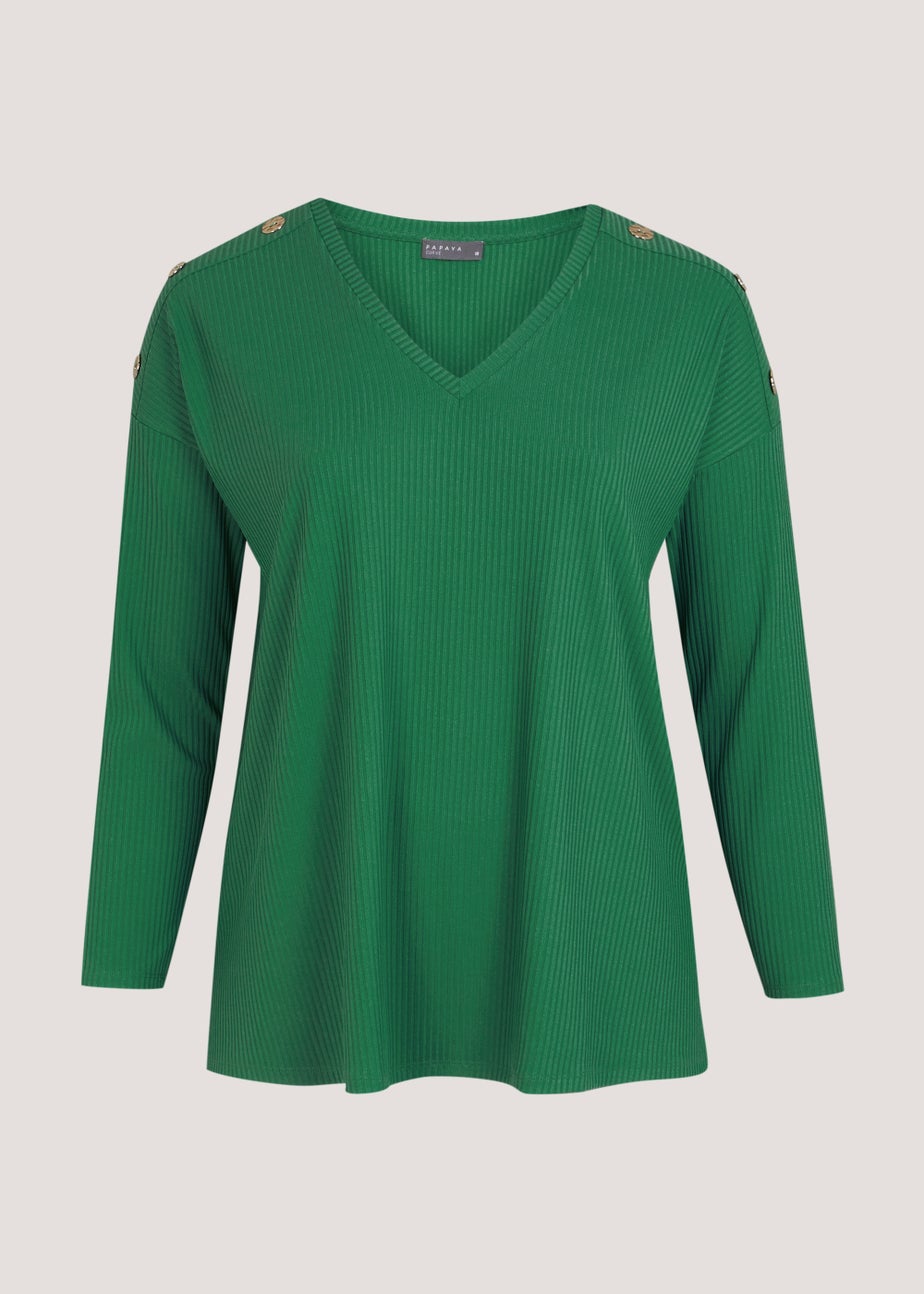 Papaya Curve Green Button Jersey Long Sleeve Top