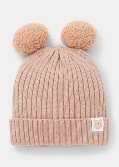 Baby Taupe Teddy Bear Double Pom Pom Bobble Hat (Newborn-2yrs)