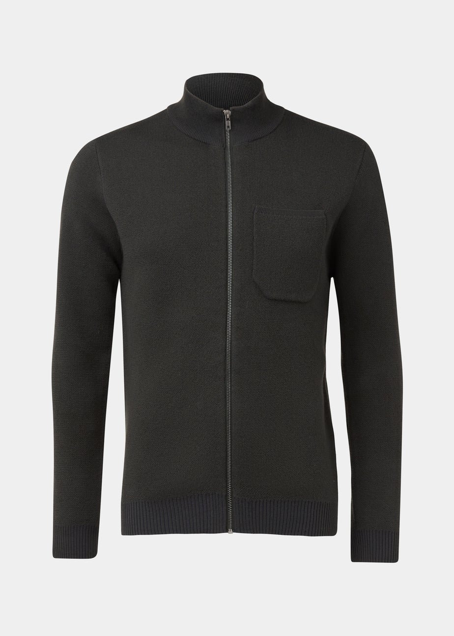 Khaki Funnel Neck Zip Up Cardigan