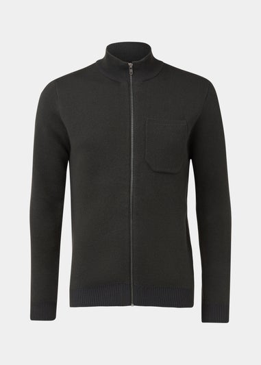 Khaki Funnel Neck Zip Up Cardigan