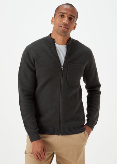 Khaki Funnel Neck Zip Up Cardigan