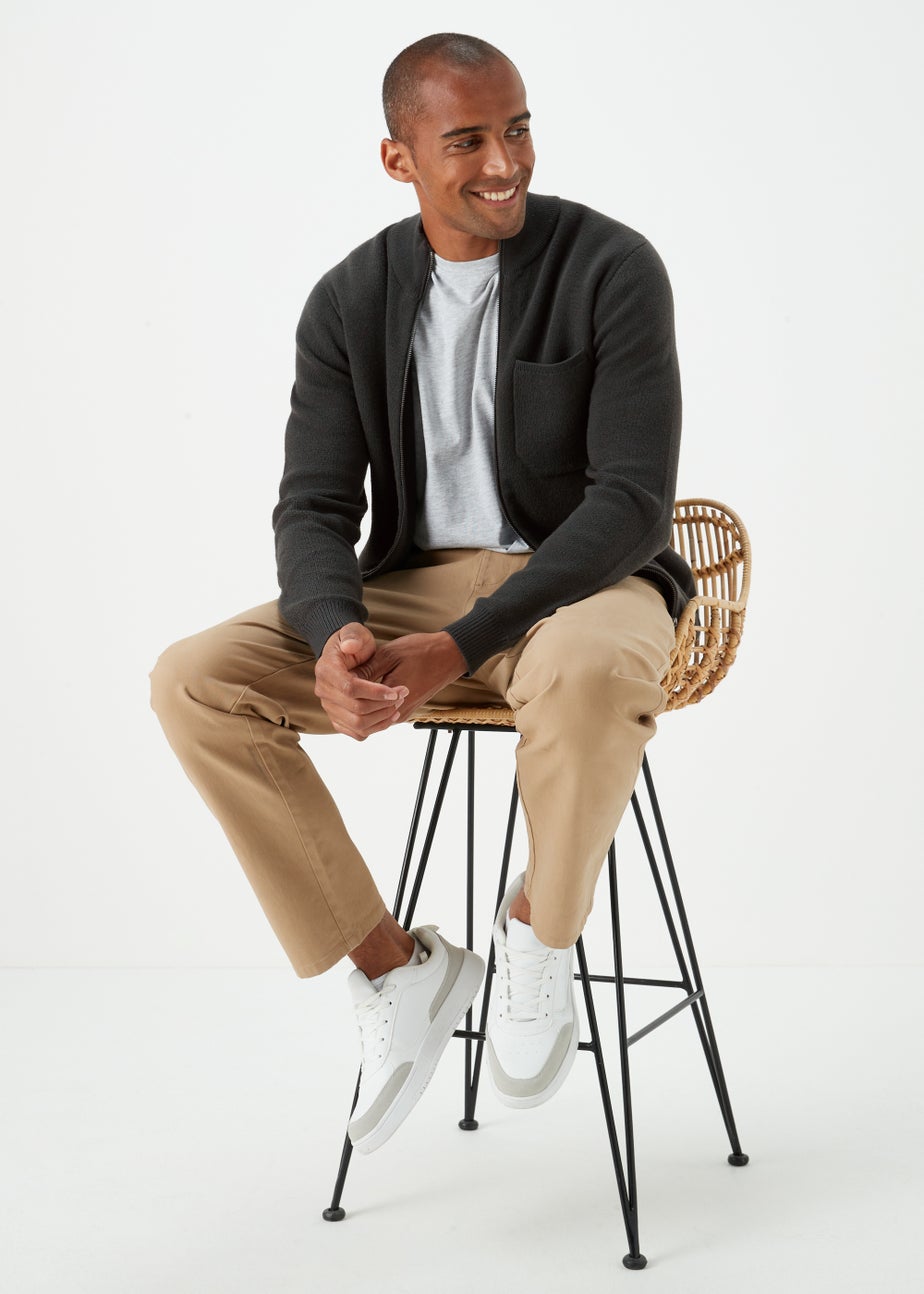 Khaki Funnel Neck Zip Up Cardigan