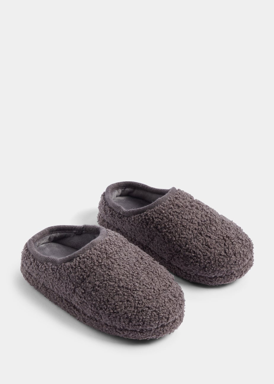 Boys Grey Quilted Borg Mule Slippers (Younger 10-Older 6)