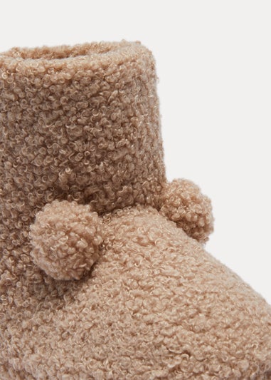 Kids Beige Pom Pom Slip On Boots (Younger 4-12)