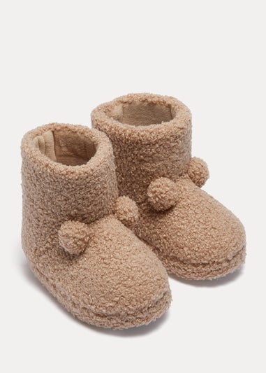 Kids Beige Pom Pom Slip On Boots (Younger 4-12)
