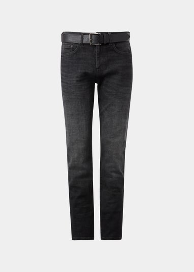 Black Straight Fit Belted Jeans