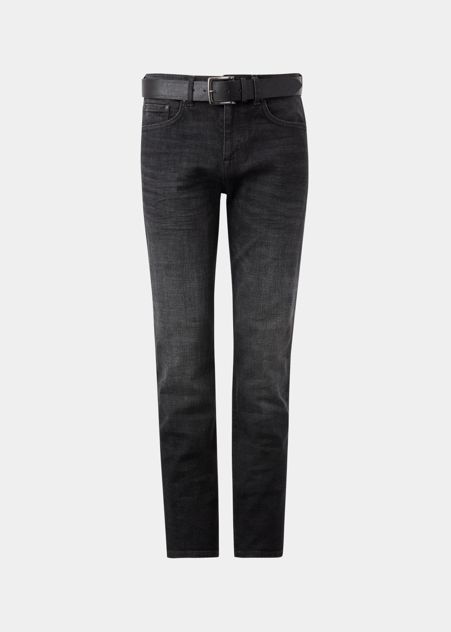 Black Straight Fit Belted Jeans