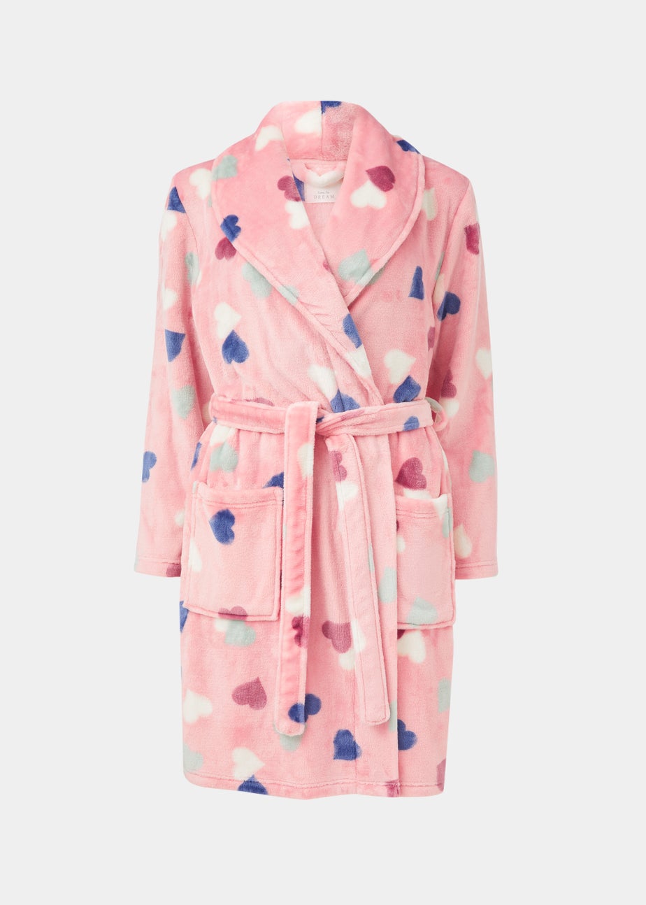 Pink Heart Print Fleece Dressing Gown