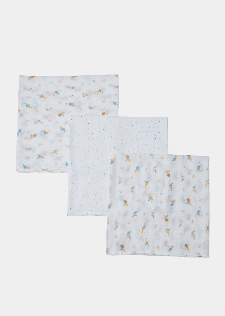 3 Pack White Rainbow Muslin Squares (73cm x 73cm)