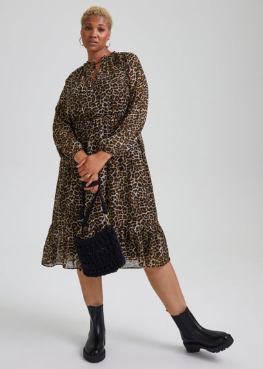 Papaya Curve Brown Animal Print Chiffon Midi Dress