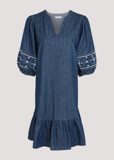 Dark Wash Denim Embroidered Sleeve Mini Dress