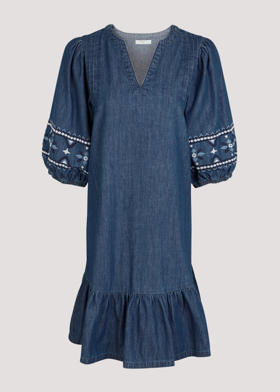 Dark Wash Denim Embroidered Sleeve Mini Dress