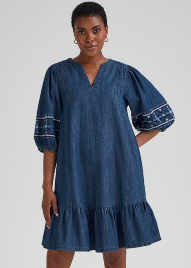 Dark Wash Denim Embroidered Sleeve Mini Dress