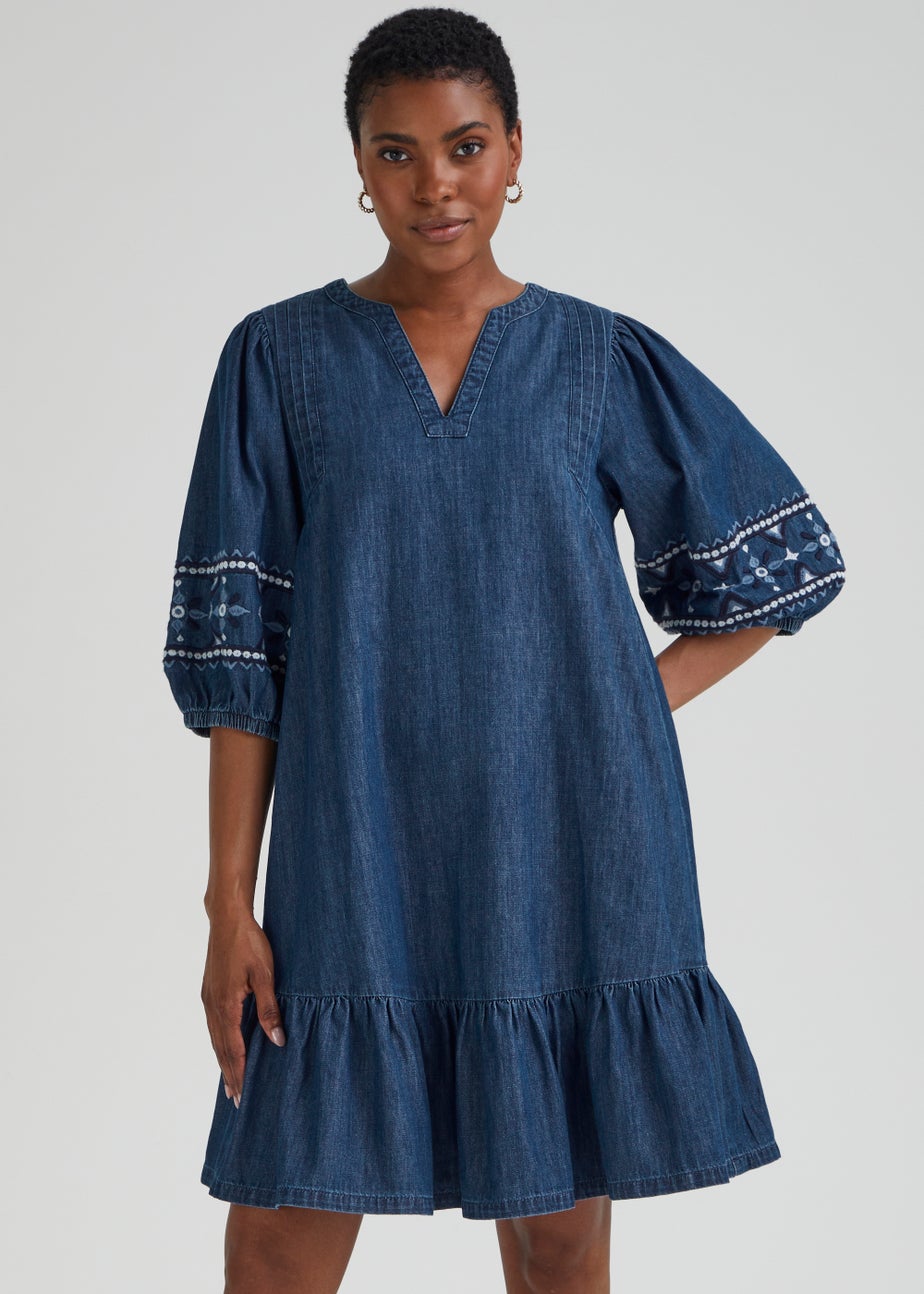 Dark Wash Denim Embroidered Sleeve Mini Dress