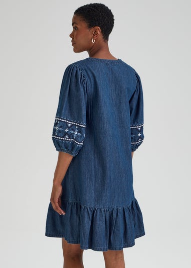 Dark Wash Denim Embroidered Sleeve Mini Dress