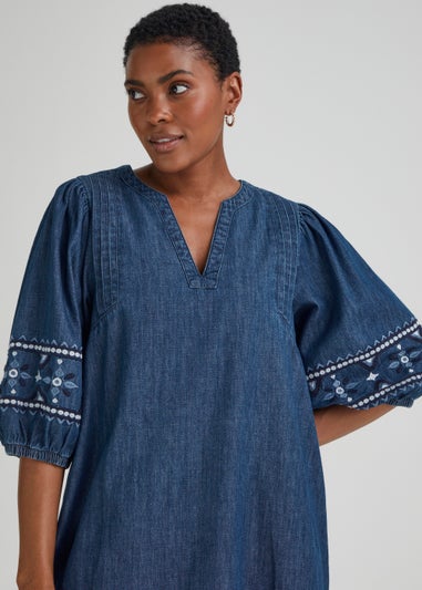 Dark Wash Denim Embroidered Sleeve Mini Dress