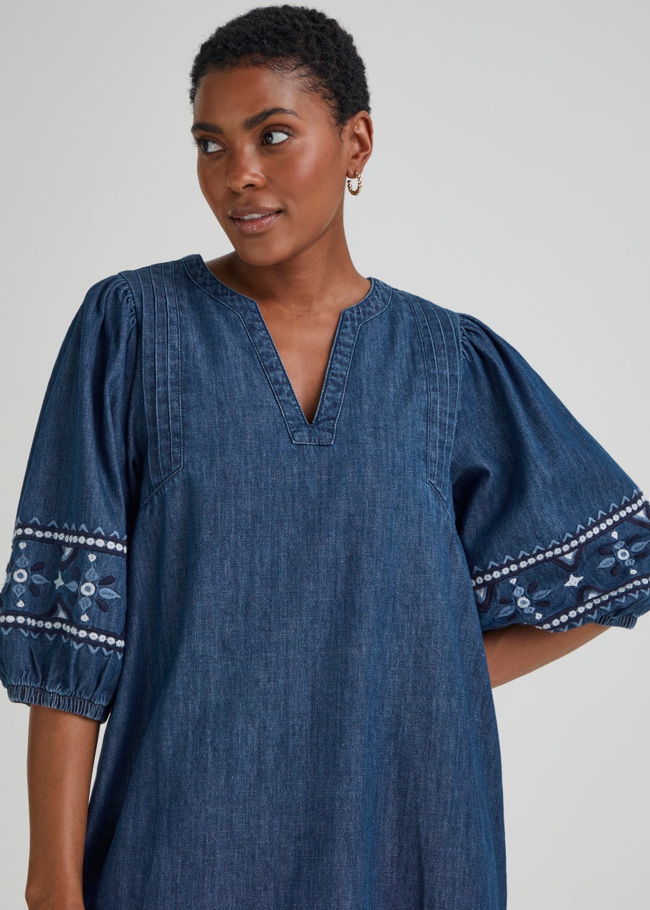 Dark Wash Denim Embroidered Sleeve Mini Dress