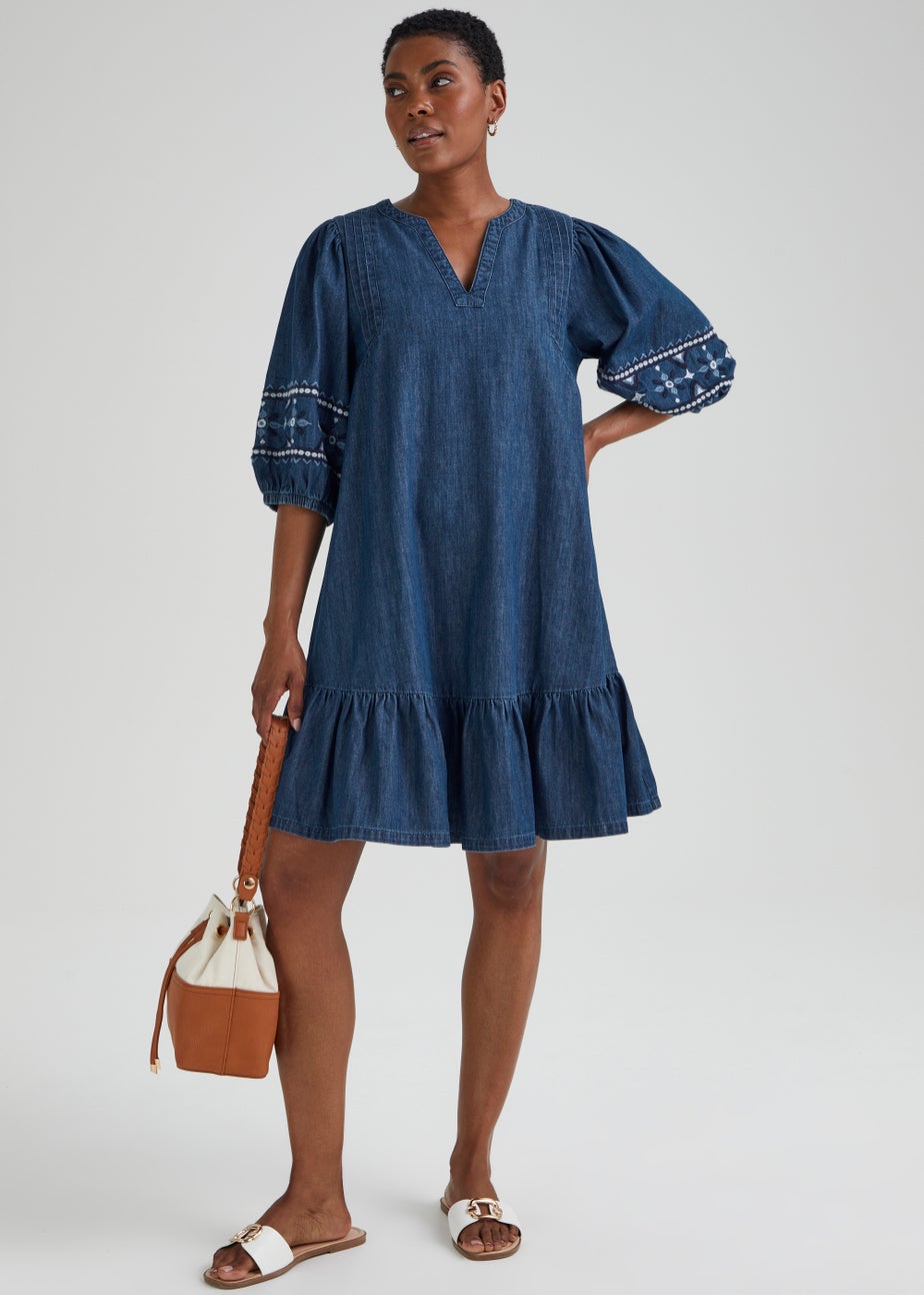 Dark Wash Denim Embroidered Sleeve Mini Dress