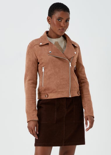 Brown Faux Suede Biker Jacket