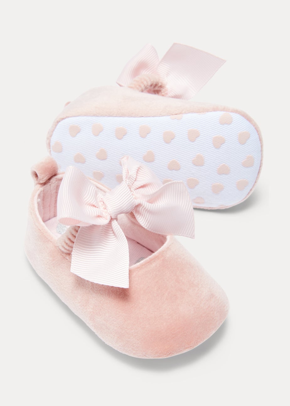 Pink Velvet Bow Soft Sole Baby Ballet Flats (Newborn-18mths)