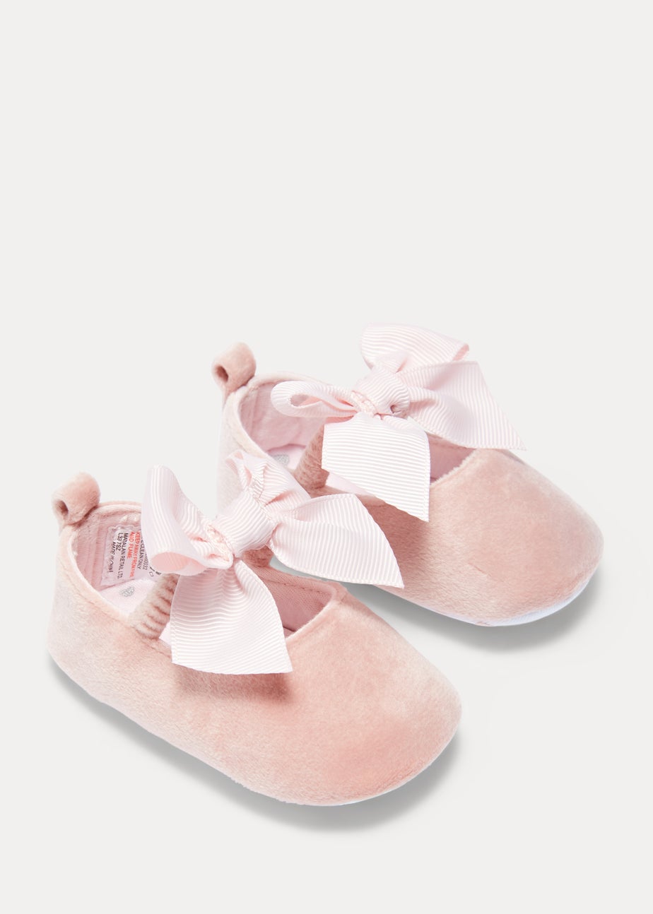 Pink Velvet Bow Soft Sole Baby Ballet Flats (Newborn-18mths)