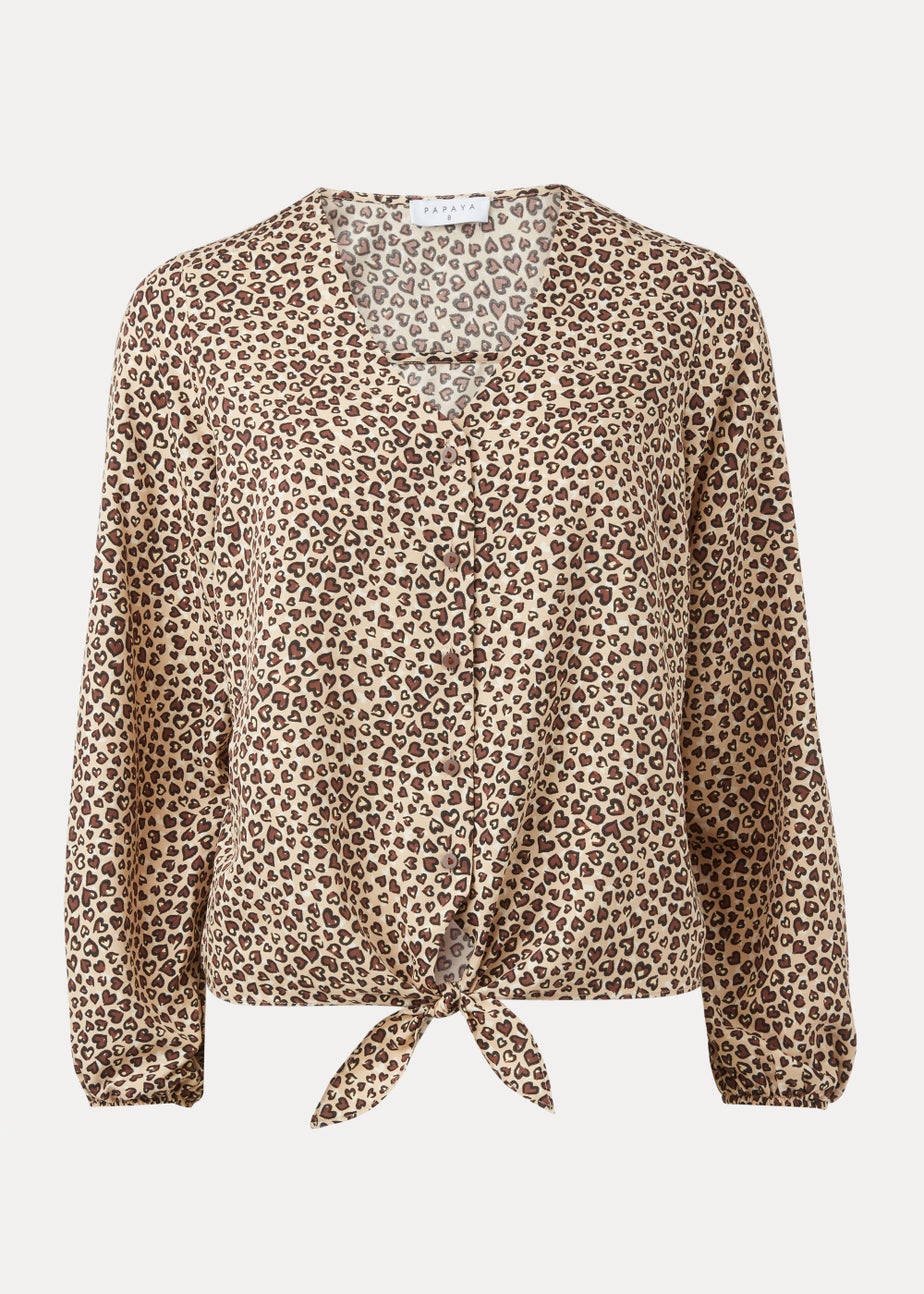 Stone Animal Print Tie Front Blouse