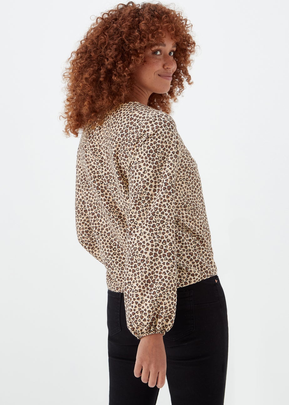Stone Animal Print Tie Front Blouse