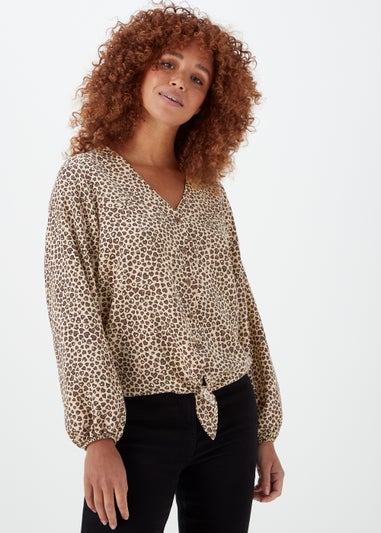 Stone Animal Print Tie Front Blouse
