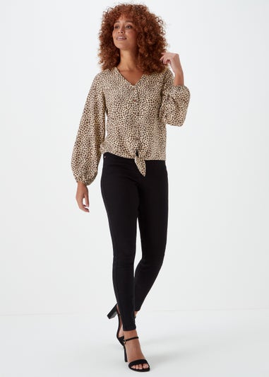 Stone Animal Print Tie Front Blouse