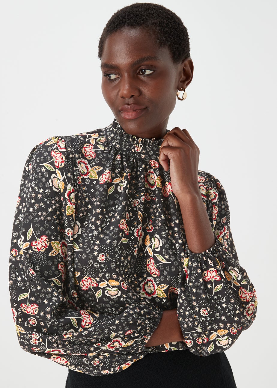 Black Floral Print High Neck Blouse