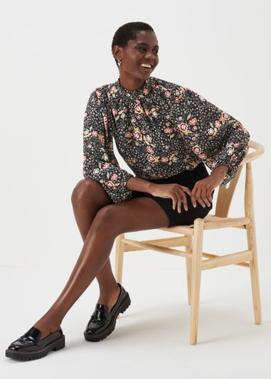 Black Floral Print High Neck Blouse